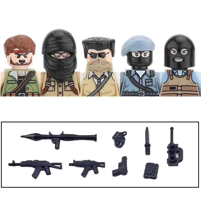City Accessories MOC Modern Villain Gangster Figures Bazooka Building Block Soldier Mask Helmet Guns Military Weapon Bricks Toys