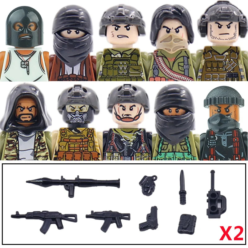 City Accessories MOC Modern Villain Gangster Figures Bazooka Building Block Soldier Mask Helmet Guns Military Weapon Bricks Toys