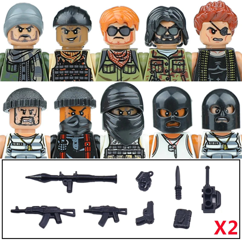 City Accessories MOC Modern Villain Gangster Figures Bazooka Building Block Soldier Mask Helmet Guns Military Weapon Bricks Toys