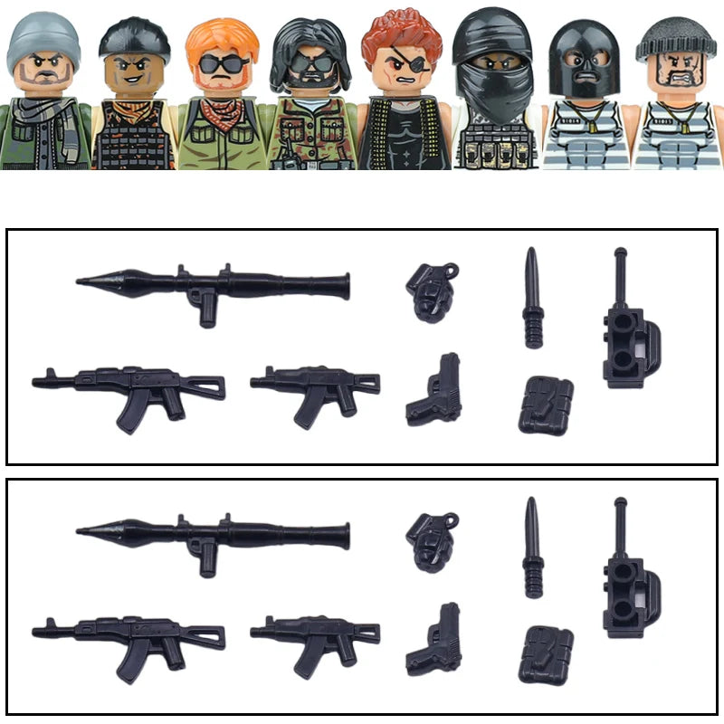 City Accessories MOC Modern Villain Gangster Figures Bazooka Building Block Soldier Mask Helmet Guns Military Weapon Bricks Toys