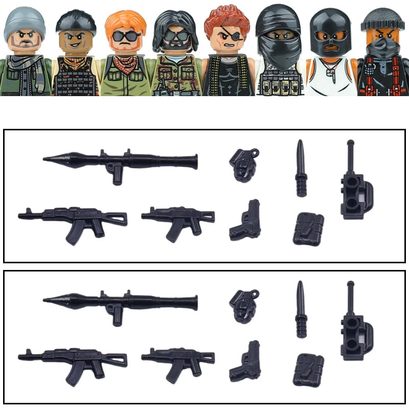 City Accessories MOC Modern Villain Gangster Figures Bazooka Building Block Soldier Mask Helmet Guns Military Weapon Bricks Toys