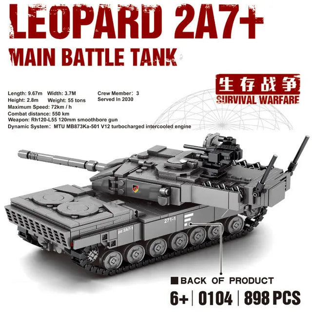 Military series main battle tank building block model challenge leopard 2A7+ ten tank boy children's toy gift