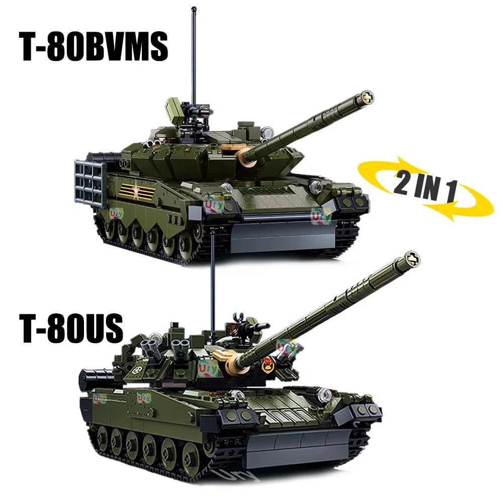 Sluban M38-B1178 2in1 Military WW2 T-80BVMS Main Battle Tank Army Vehicle Weapon Model Bricks Building Block Toy for Gift Kids
