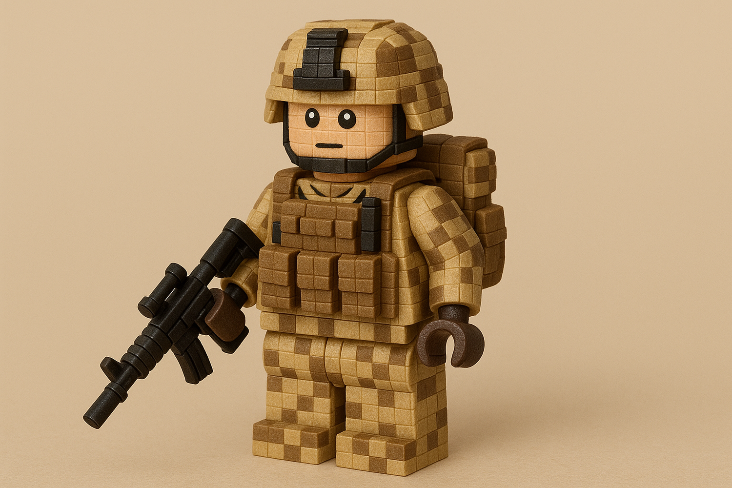 Soldado de lego vestido con traje desértico y bien equipado
